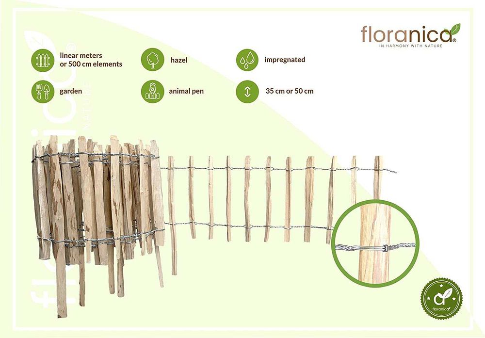 Płot ogrodowy, leszczynowy dł. 500cm z nóżką. Naturalne drewno. NOWY!