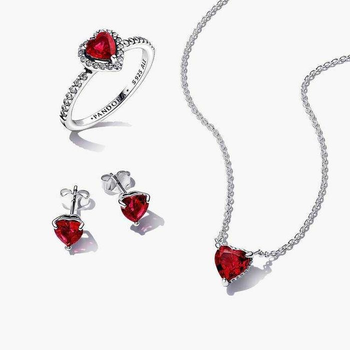 ОРИГІНАЛ! Комплект Pandora Червоне серце (каблучка, сережки, намисто)