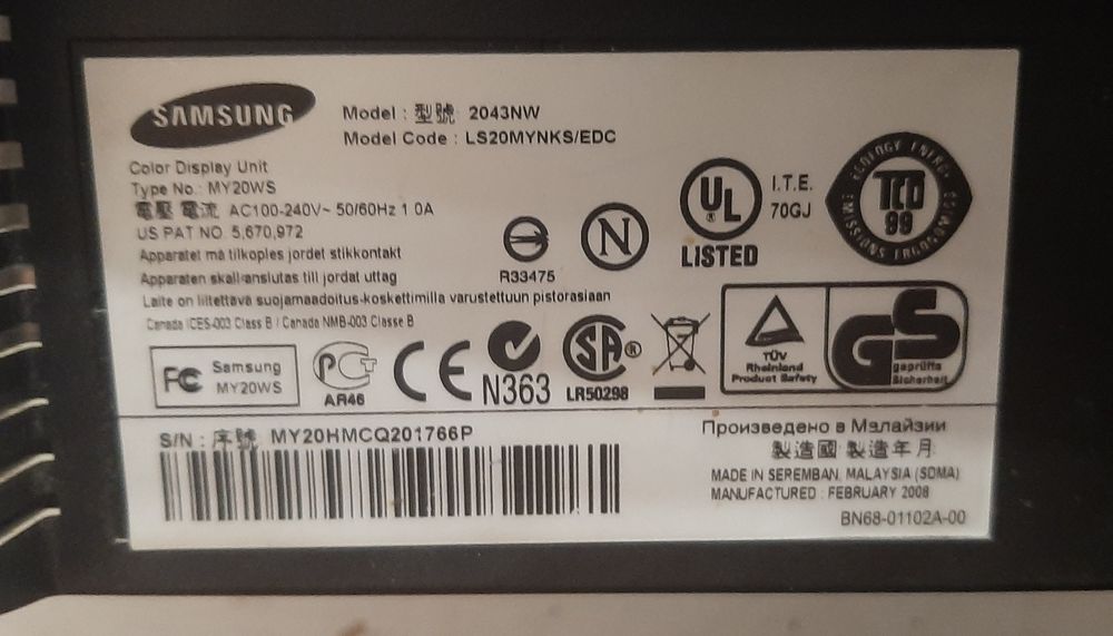 Монитор 20" Samsung SyncMaster 2043nw 20 дюймов