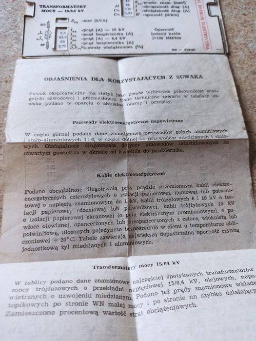 Suwak, karta kabli elektroenergetycznych, transformatorów, wzory