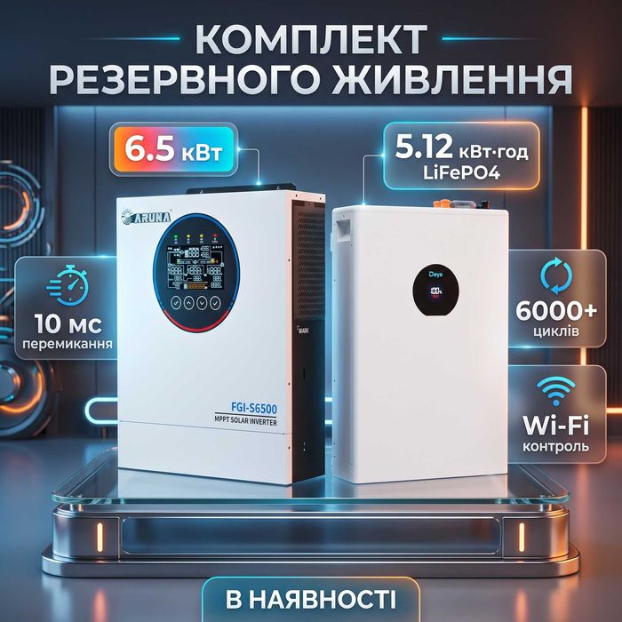 Комплект резервного живлення 6.5 кВт / 5.12 кВт·год Aruna + Deye