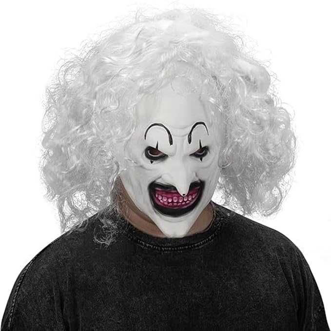 Straszna Maska Silikonowa Halloween Siwy Klown Srebrne Włosy