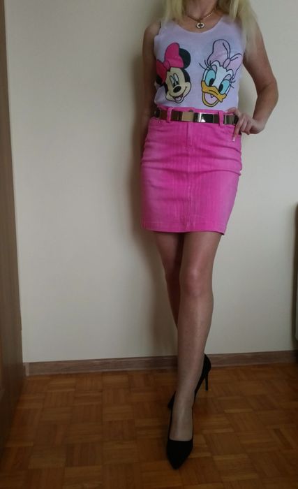 ELEGANCKI zestaw spódnica mini róż jeans+ bluzka+ sweter alpaka S M L