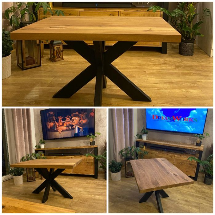 Solidny stolik dębowy loft, lite drewno