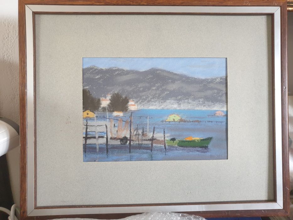 Paisagem com barcos - Pintura em pastel - D. Noël -