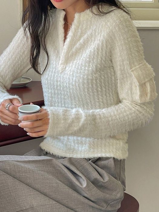 Bluzka Dzianinowa Teksturowana Włochata Ecru Casual Dazy S 36