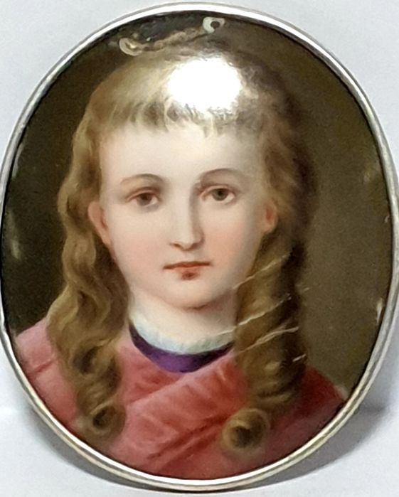 Antique brooch with a tender miniature painting – portrait of a young woman