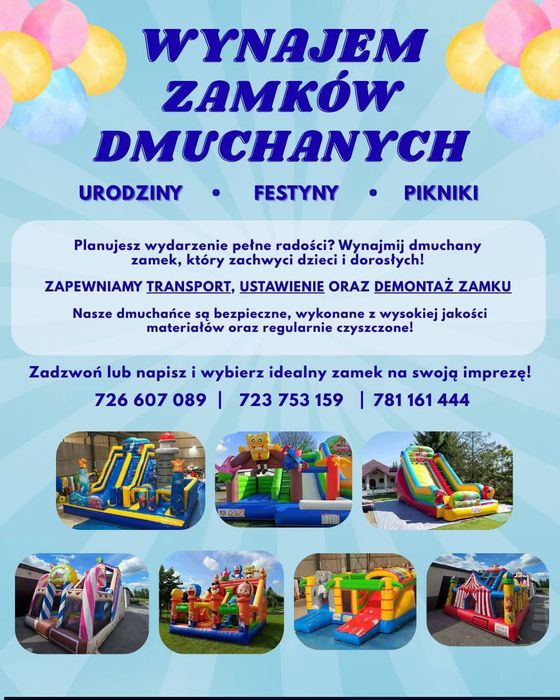 Dmuchańce / zamki / zjeżdżalnie . Wynajem/ wynajme/ wypozycze/ wypozyc
