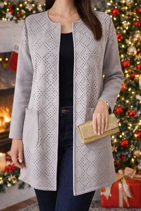 Ażurowa narzutka zamszowa / płaszczyk moda włoska Uniwersalny M/L