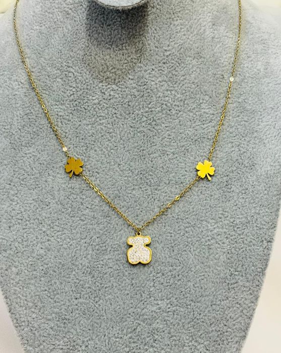 Złoty naszyjnik miś cyrkonie stal chirurgiczna nierdzewna