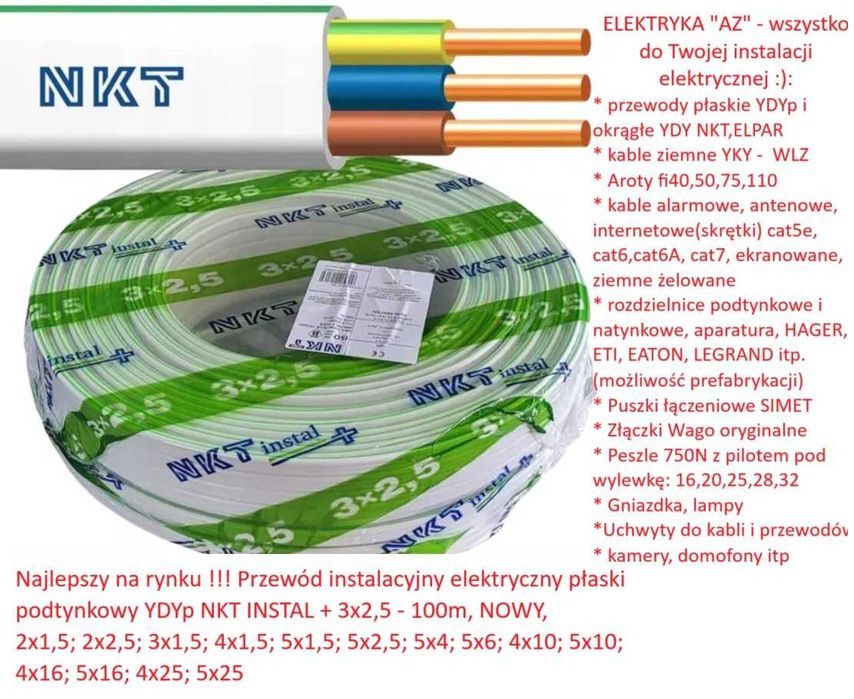 Przewód kabel płaski NKT INSTAL+ YDYp 3x1,5 3x2,5 4x1,5 5x1,5 5x2,5