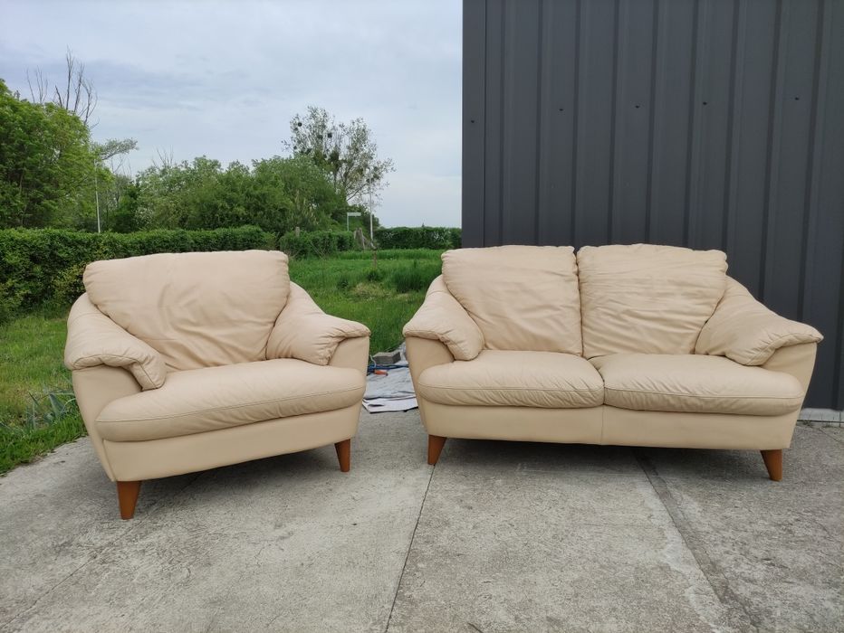 Skórzany zestaw wypoczynkowy, sofa 2-osobowa+fotel- skóra naturalna! Super stan! Okazja