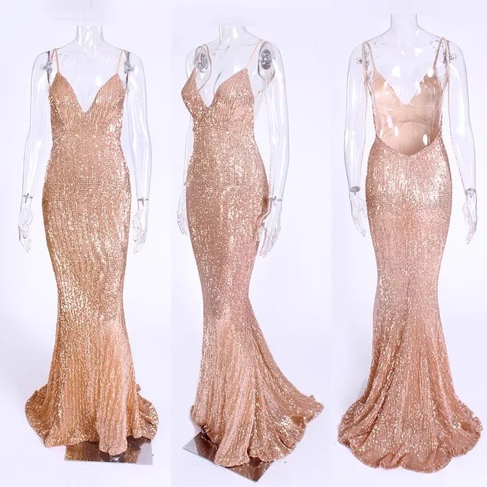 Cekinowa szampanowa zlota syrenka maxi dluga suknia dekolt v tren