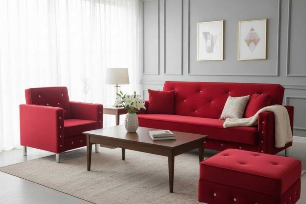 Zestaw mebli Glamour Kanapa do pokoju, Sofa rozkładana do salonu, Łóżko z pojemnikiem,Fotel, Podnóżek otwierany, różne kolory