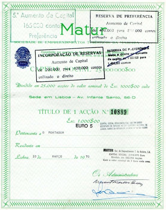 Acções - MATUR - Sociedade de Empreendimentos Turísticos da Madeira