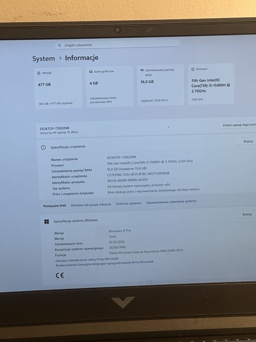 Laptop gamingowy HP Victus 16 rtx 3050 i5-11400H