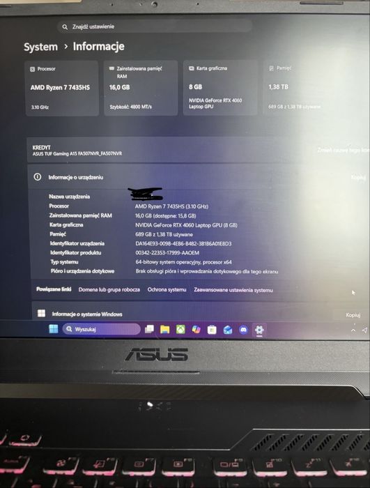 Jak nowy Asus TUF Gaming A15 rtx 4060