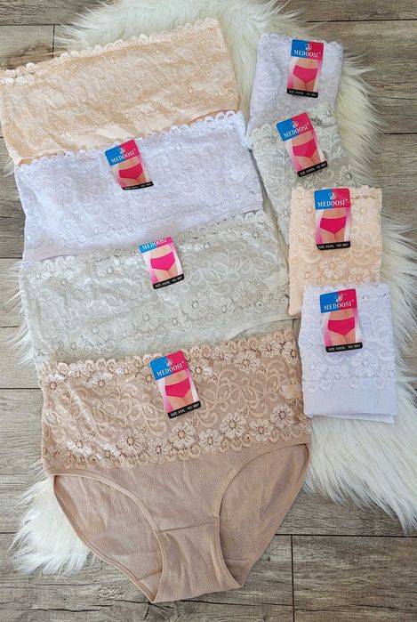 4 pary majtek bawełnianych z koronką 5XL białe szare