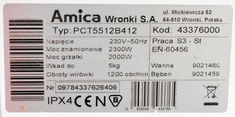 Pralka Amica Optima Digital 1200 uszkodzona mechanicznie