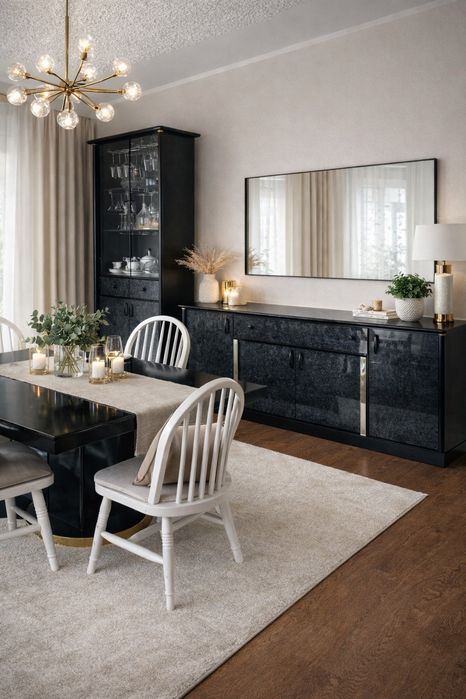 Elegancki komplet mebli do jadalni – czarny połysk + dekoracyjne fronty | stół 200 cm