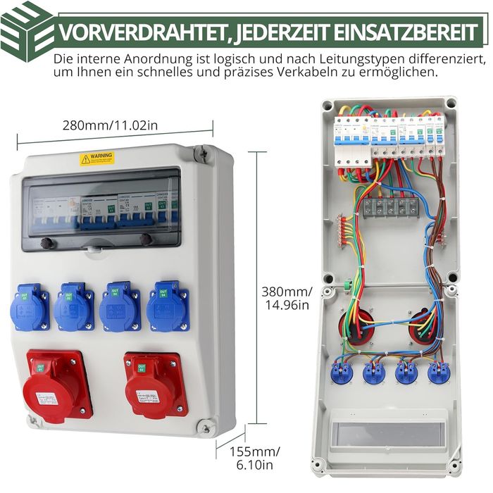 EYPINS Rozdzielacz budowlany IP66 4x230V + CEE 32/16A z LS+FI