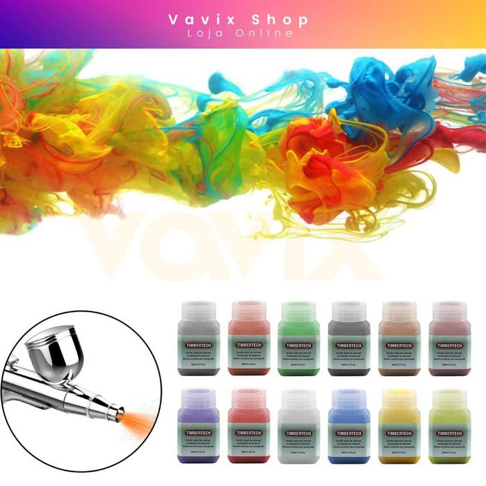 Tintas Acrílicas Coloridas para Aerógrafo - 12 x 30 ml - Promoção