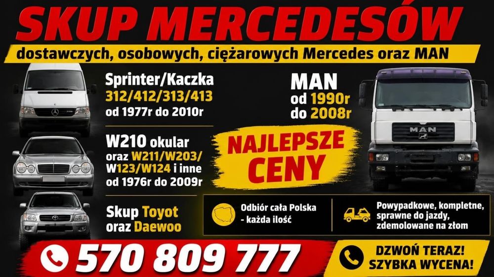 Skup Mercedes Sprinter/Kaczka/MAN/Toyota/Daewoo * Osobowe/dostawcze/Ciężarowe * Kupię każdego Mercedesa w każdym stanie  * Skup MAN * Każda ilość *