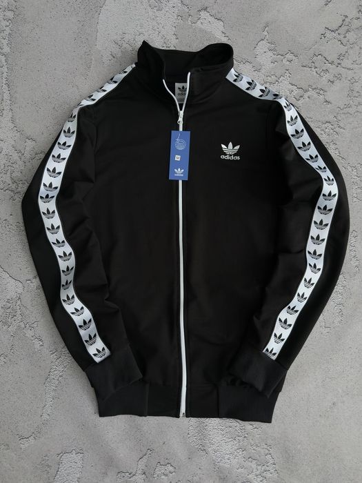 Олімпійка Adidas з лампасами чоловіча біла, чорна | Кофта на замку Адидас лампас мужская черная, белая