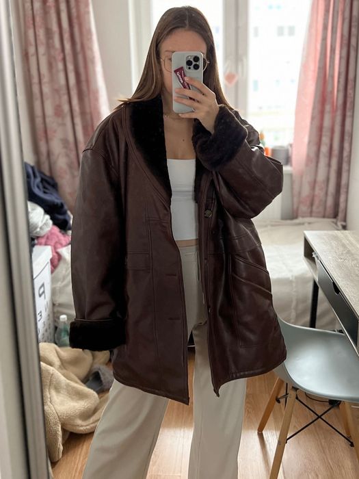 Brązowa skórzana kurtka oversize vintage z futerkiem Made in Italy