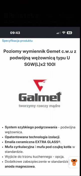 Poziomy wymiennik Gemet c.w.u z + grzałka