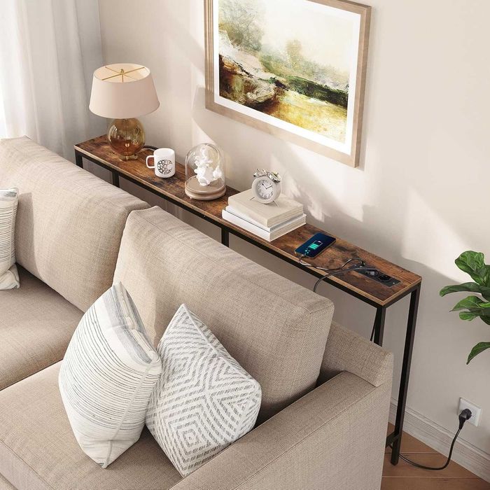 Mesa Consola Estreita MAHANCRIS 160 cm com Tomadas | Mesa de Entrada Slim com Estação de Carregamento | Consola para Hall, Sala e Atrás do Sofá