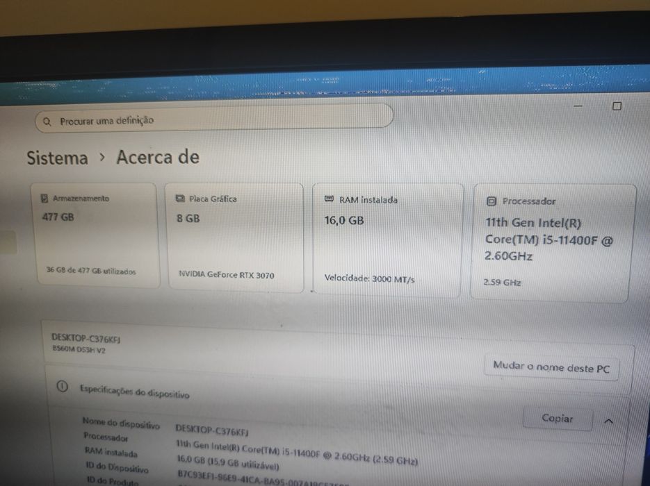 PC gamer i5 11400f/RTX 3070/16GBRAM/NVME