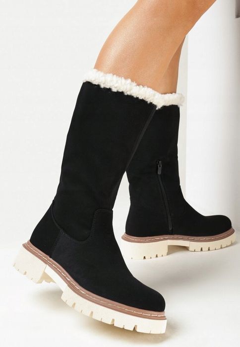 Czarne Botki z Długą Cholewką Ozdobioną Futerkiem R 36