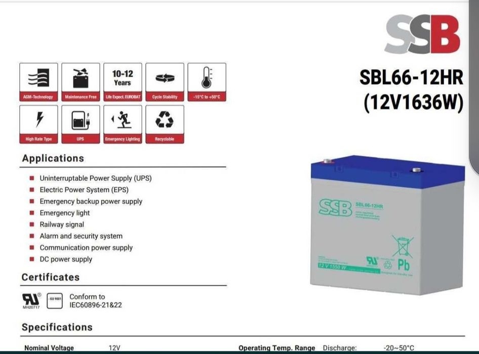 Акумулятори для UPS(ДБЖ, УПС) AGM SSB SBL66-12HR