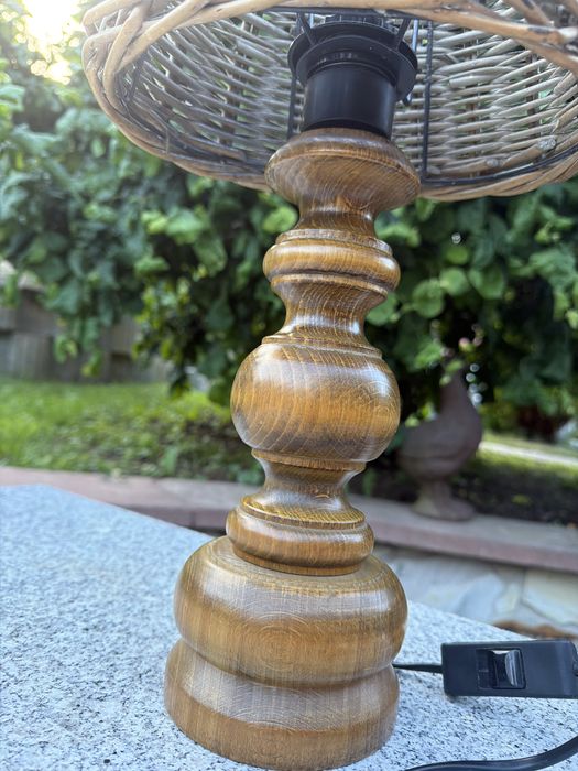 Sliczna drewniana lampka Vintage abazur z rattanu Boho PRL