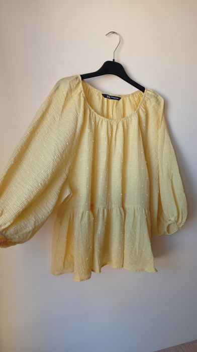 Żółta bawełniana bluzka z falbanką, ZARA, rozmiar XS