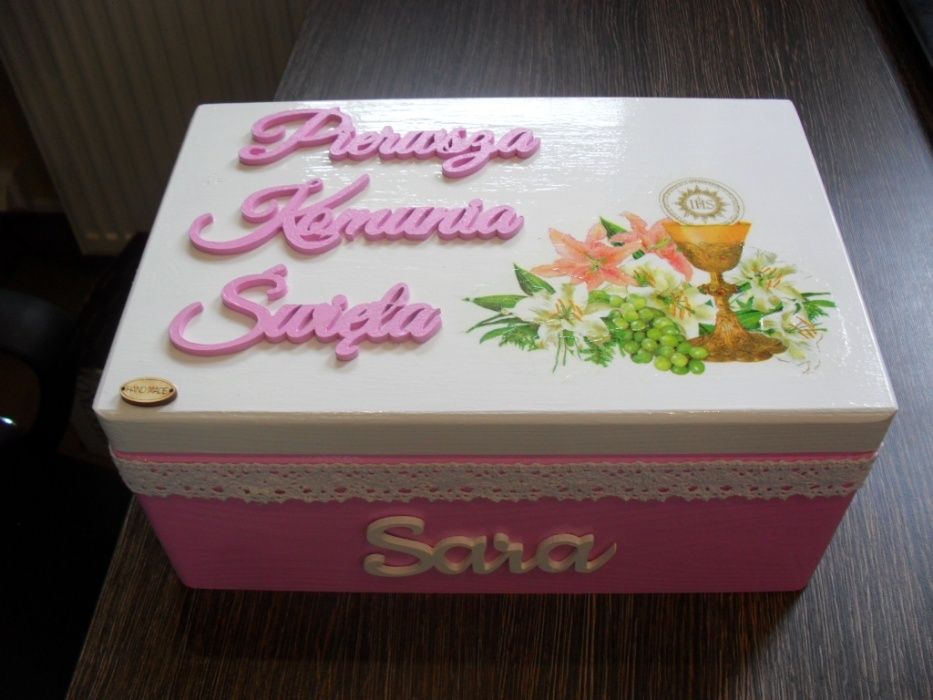Kuferek decoupage Komunia Święta dla dziewczynki