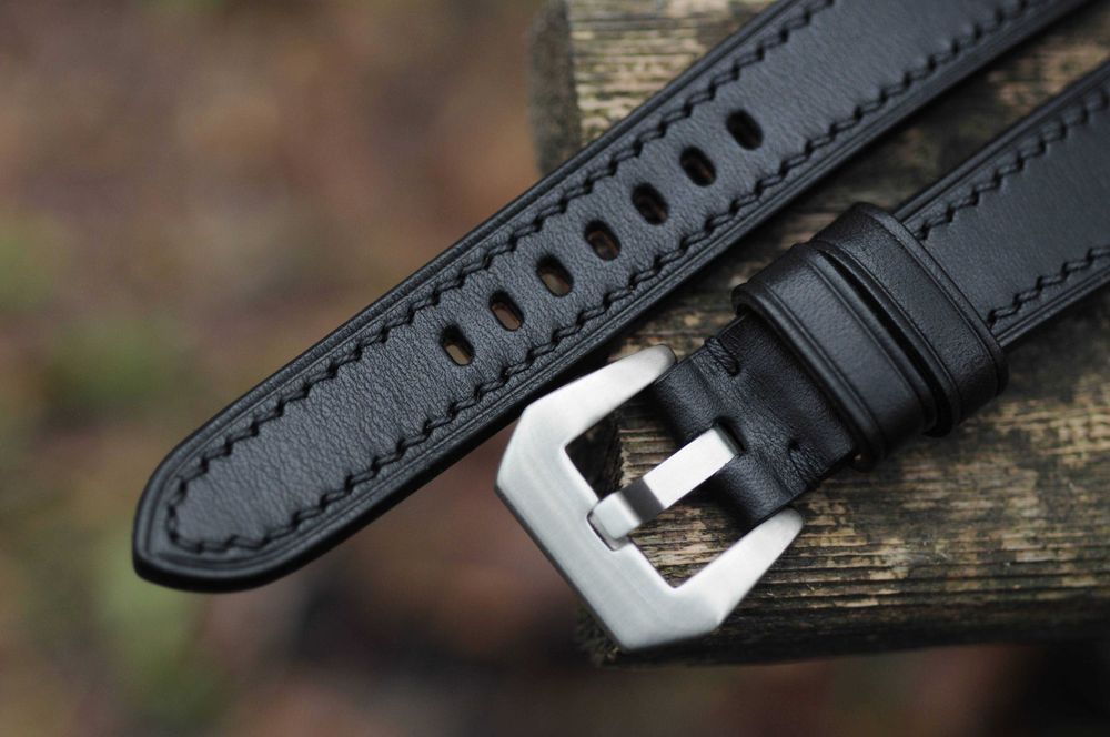 Чёрный кожаный ремешок для часов 22 х 18 мм браслет Ручная работа