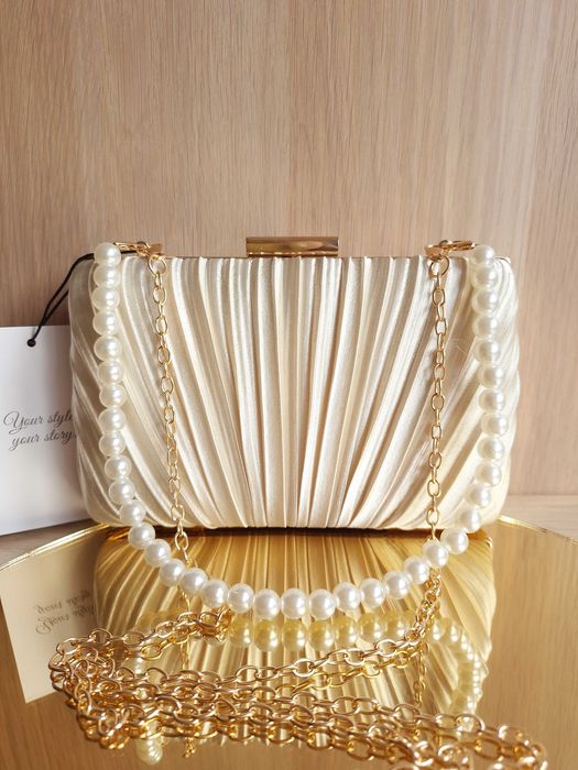Kremowa Szampańska Plisowana Torebka Na Ramię Do Ręki Kopertówka