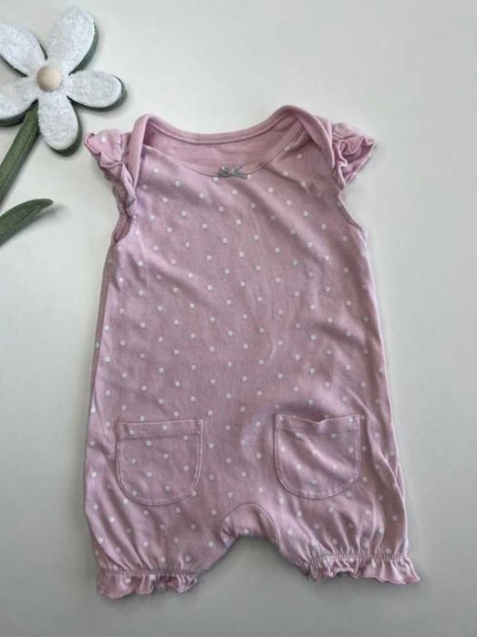 Rampers w kropeczki George do 1 msc 50-56 cm krótki rękaw pudrowy róż