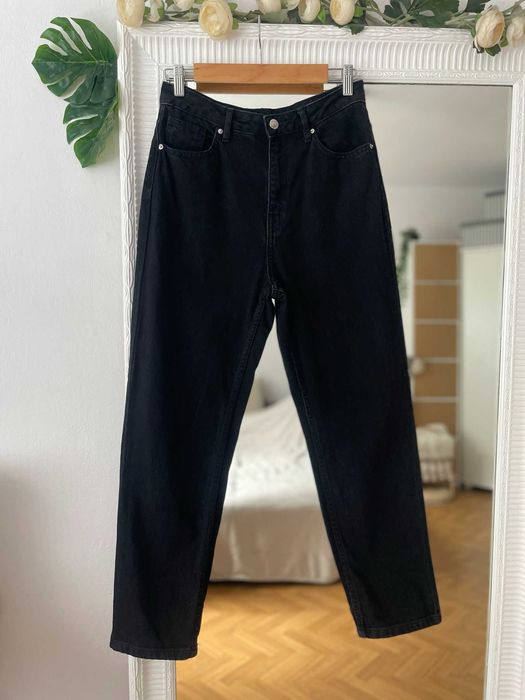 Sinsay spodnie mom jeans czarne szare efekt sprania wysoki stan M 38