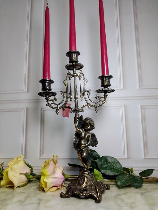 Подсвечник 3 свечи, бронзовый, Ангел, зеркало бронзовое, Испания,