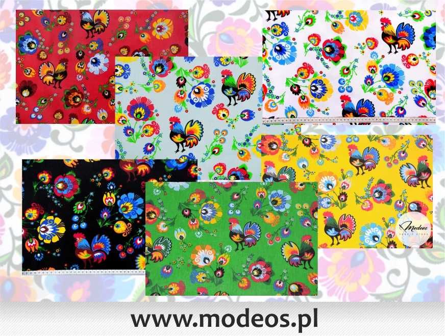 Bawełna koguty łowickie tkanina wzór ludowy - tani materiał folkowy