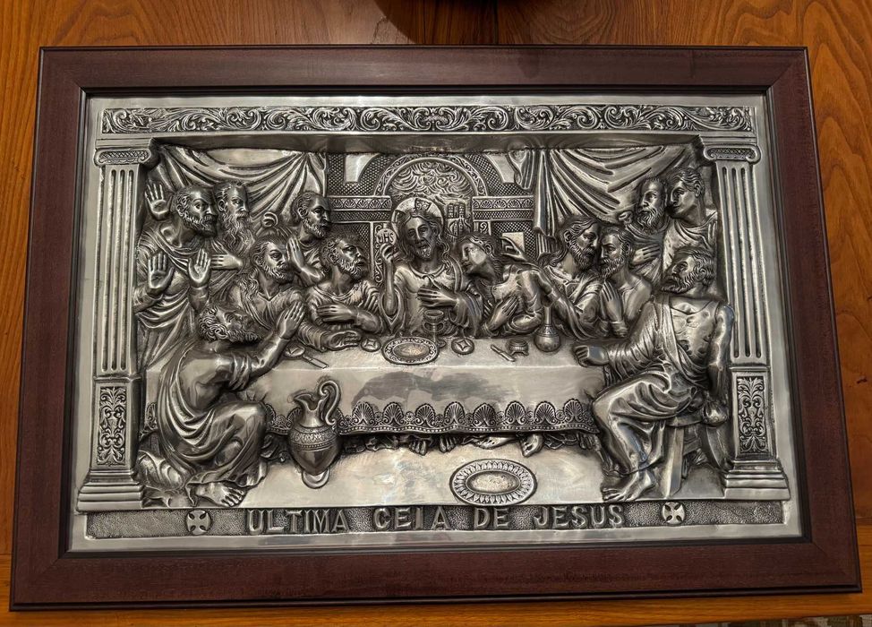 Quadro em relevo Metálico "A última ceia de Jesus" - Arte sacra com moldura