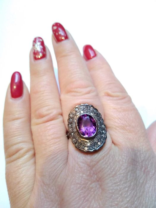 Srebrny pierścionek z naturalnym Ametystem i Diamentami!Certyfikat!!