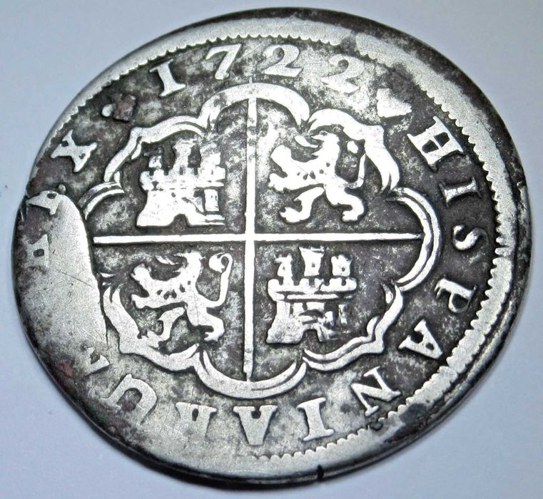 Moeda tesouro pirata cruz colonial genuína 1722 prata espanhola,
