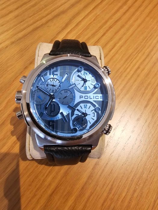 Relógio Police grande Azul | Pulseira em Pele Genuína