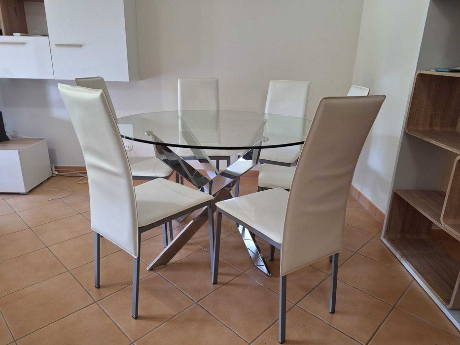 Mesa de jantar com 6 cadeiras de jantar em vidro temperado