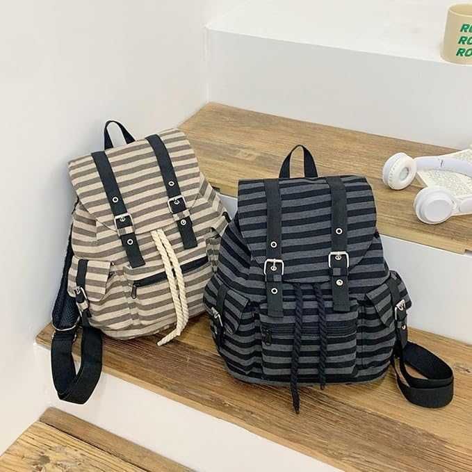 Рюкзак в полоску черно белый серый Retro Y2k Casual Striped College Backpack Korean Style