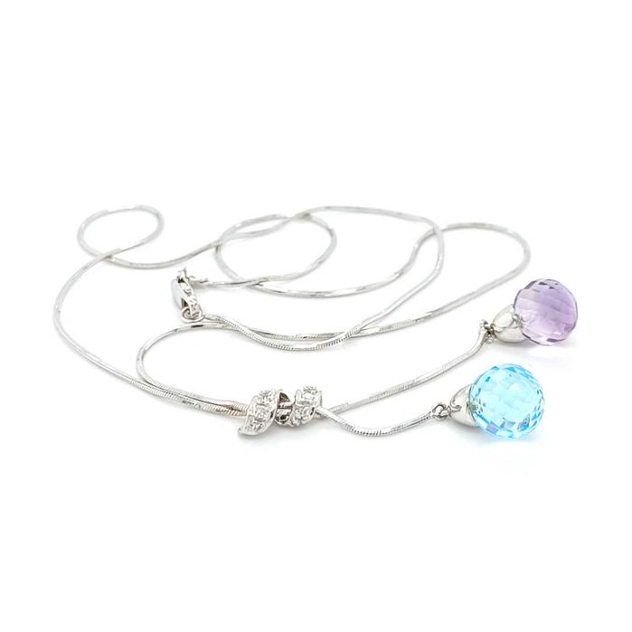 Łańcuszek z białego złota z topazem ametystem i diamentami